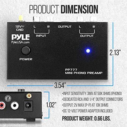 PYLE-PRO PyleUsa Phono Turntable Preamp Mini Electronic Audio Stereo Phonograph Preamplifier، مخرج RCA وتشغيل منخفض الضوضاء مدعوم بمحول تيار مستمر 12 فولت (PP777) in Kuwait