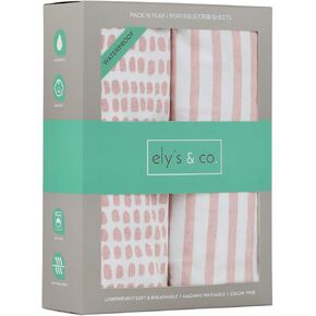 Ely’s & Co. Waterproof Pack and Play/Mini Crib Sheets – All-in-One Mattress Protector and Fitted Playard Sheets – Jersey Cotton – Mauve Pink Splash & Stripes, Baby Girl Nursery Bedding – 2-Pack in Saudi Arabia