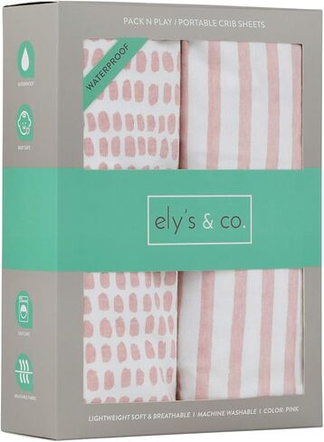 Ely’s & Co. Waterproof Pack and Play/Mini Crib Sheets – All-in-One Mattress Protector and Fitted Playard Sheets – Jersey Cotton – Mauve Pink Splash & Stripes, Baby Girl Nursery Bedding – 2-Pack in Saudi Arabia