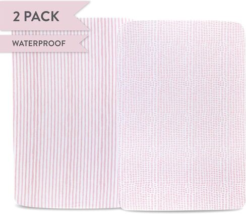 Ely’s & Co. Waterproof Pack and Play/Mini Crib Sheets – All-in-One Mattress Protector and Fitted Playard Sheets – Jersey Cotton – Mauve Pink Splash & Stripes, Baby Girl Nursery Bedding – 2-Pack in Saudi Arabia