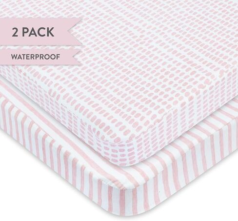 Ely’s & Co. Waterproof Pack and Play/Mini Crib Sheets – All-in-One Mattress Protector and Fitted Playard Sheets – Jersey Cotton – Mauve Pink Splash & Stripes, Baby Girl Nursery Bedding – 2-Pack in Saudi Arabia