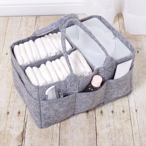 Sammy & Lou Collapsible Light Gray Felt Storage Caddy, Divided Design To Keep Diapers, Wipes And Changing Items Organized, Two Handles, 11.5"D x 6"W x 8"H in Saudi Arabia