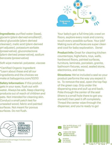 Babyganics مناديل سطحية لجميع الأغراض، خالية من العطور، 75 قطعة (عبوة من 2)، نباتية وغير كاشطة، خالية من الأمونيا، بدون مبيضات in Kuwait