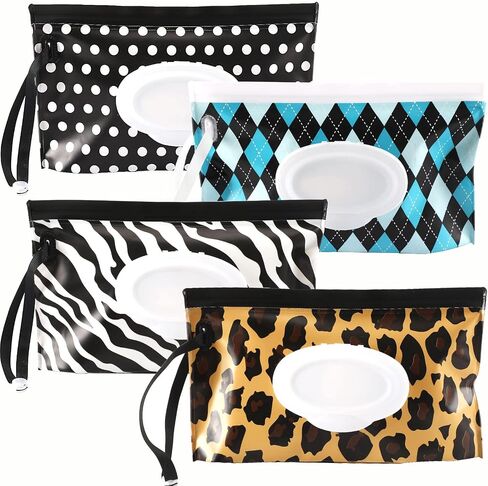 FEBSNOW 4 Pack Baby Wipe Dispenser, Portable Refillable Wet Wipe Holder | Reusable Travel Wet Wipe Pouch, Zip Locking Seal and Secure Snap Close Lid, Easy Refill and Dispensing, With Wrist Loop in Saudi Arabia