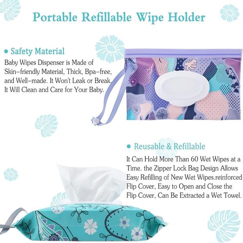 FEBSNOW 2 Pack Baby Wipes Dispenser Holder, Portable Refillable Baby Wet Wipes Pouch Container Reusable Travel Case for Outdoor Hiking, Pink Flower in Saudi Arabia