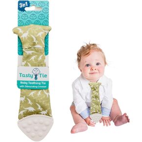 Tasty Tie Teething Tie, 3-in-1 Clip-on Baby Tie, Crinkle Toy & Silicone Teether for 3-6-9-12-18 Month Babies, Unique Baby Boy Gift or Stocking Stuffer, Elephant Style