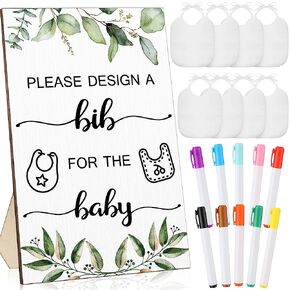 26 Pcs Baby Bibs Game Set Baby Bib Design Baby Shower Game Sign Wooden Baby Shower Sign Greenery Baby Gift Sets 15 White Feeder Bibs Blank Baby Bibs and 10 Fabric Markers for Baby Shower Gender Reveal