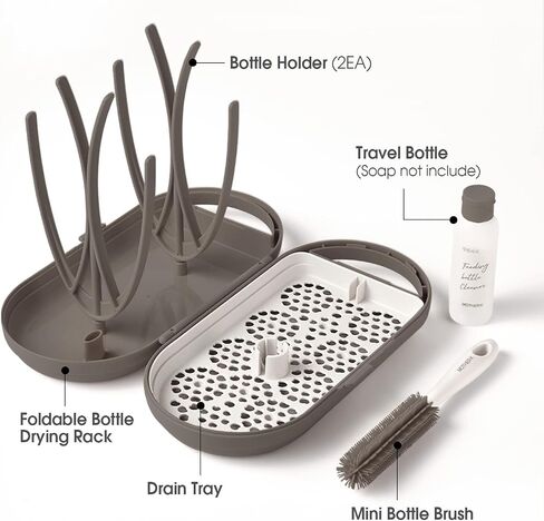 MOTHER-K Travel Baby Bottle Drying Rack with Bottle Brush & Soap Dispenser, Baby Essentials for Travel (Brown) in Kuwait