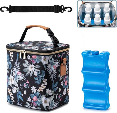 Breastmilk Cooler Bag with Ice Pack Fits 6 Baby Bottles Up to 9 Ounce, Baby Bottle Bag with Shoulder Strap for Nursing Mom Daycare, Black in Saudi Arabia