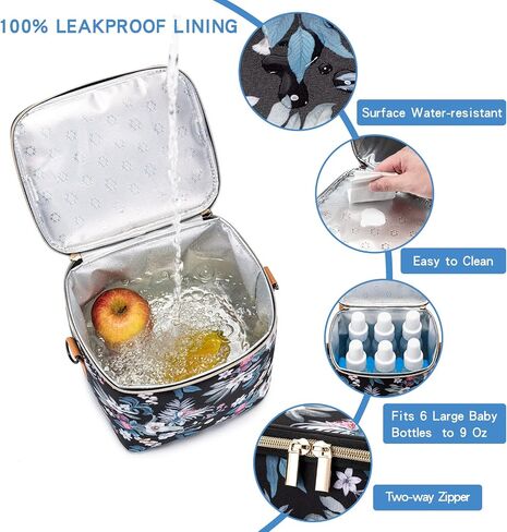 Breastmilk Cooler Bag with Ice Pack Fits 6 Baby Bottles Up to 9 Ounce, Baby Bottle Bag with Shoulder Strap for Nursing Mom Daycare, Black in Saudi Arabia