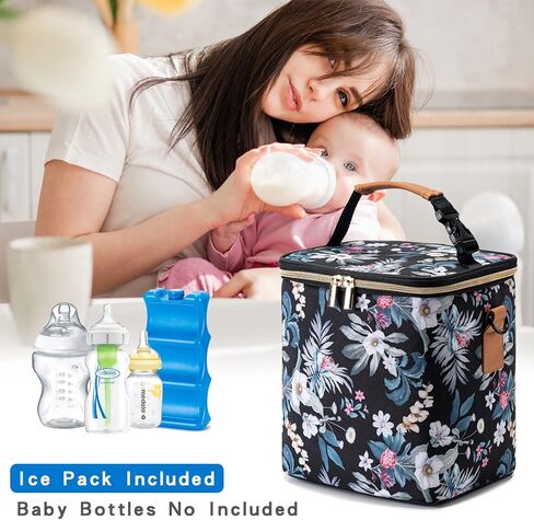 Breastmilk Cooler Bag with Ice Pack Fits 6 Baby Bottles Up to 9 Ounce, Baby Bottle Bag with Shoulder Strap for Nursing Mom Daycare, Black in Saudi Arabia