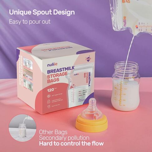 Nuliie 50 Pcs Breastmilk Storage Bags, 8 OZ Breast Milk Storing Bags, BPA-Free, Milk Storage Bags with Pour Spout for Breastfeeding, Self-Standing Bag, Space Saving Flat Profile in Saudi Arabia