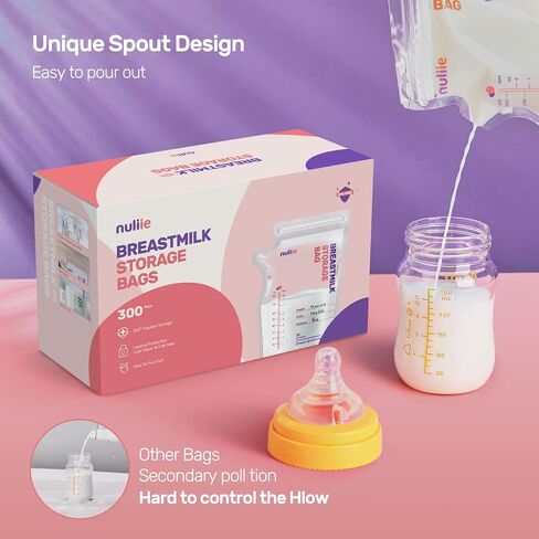 Nuliie 50 Pcs Breastmilk Storage Bags, 8 OZ Breast Milk Storing Bags, BPA-Free, Milk Storage Bags with Pour Spout for Breastfeeding, Self-Standing Bag, Space Saving Flat Profile in Saudi Arabia