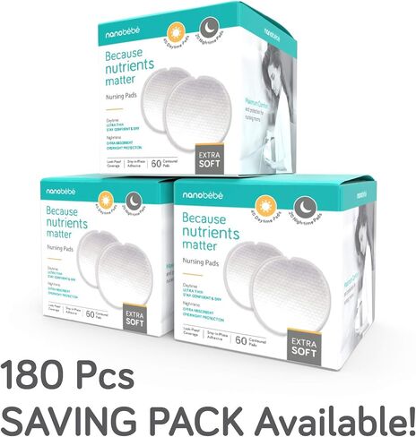 Nanobébé Disposable Nursing Pads Absorbent Breast Pads Day Ultra Thin, Day & Night, Contoured and Leakproof Breastfeeding Essentials (60 Count) in Saudi Arabia