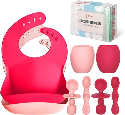 Sperric Baby Silicone Feeding Set - Baby Led Weaning Utensils, Silicone Bibs, Infant Feeding Cups For Boys, Girls, & Toddlers Smooth Waterproof Material For Practical Eating, Set of 8 in Saudi Arabia