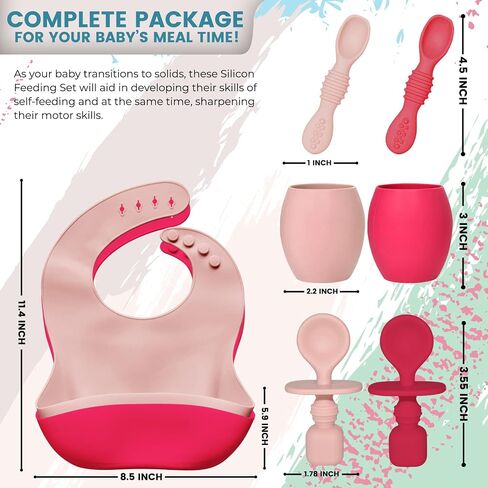Sperric Baby Silicone Feeding Set - Baby Led Weaning Utensils, Silicone Bibs, Infant Feeding Cups For Boys, Girls, & Toddlers Smooth Waterproof Material For Practical Eating, Set of 8 in Saudi Arabia