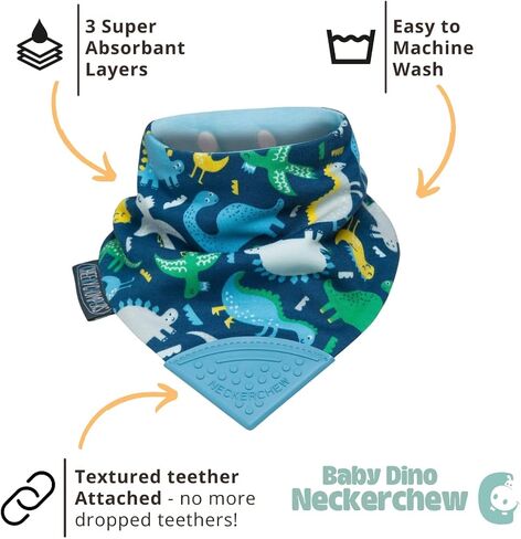 مريلة التسنين Cheeky Chompers Neckerchew (Baby Dino)، مريلة 2 في 1 على شكل باندانا مع عضاضة من السيليكون الآمن غذائيًا، للأطفال والرضع، تصميم مبتكر على شكل غمازات يهدئ اللثة، مريلة ماصة مكونة من 3 طبقات in Kuwait
