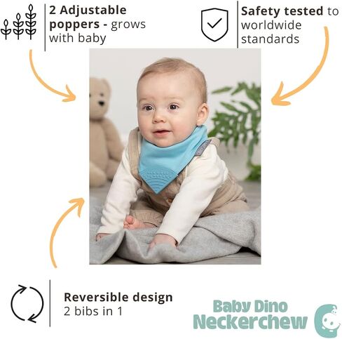 مريلة التسنين Cheeky Chompers Neckerchew (Baby Dino)، مريلة 2 في 1 على شكل باندانا مع عضاضة من السيليكون الآمن غذائيًا، للأطفال والرضع، تصميم مبتكر على شكل غمازات يهدئ اللثة، مريلة ماصة مكونة من 3 طبقات in Kuwait