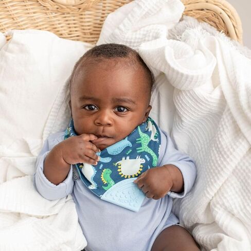 مريلة التسنين Cheeky Chompers Neckerchew (Baby Dino)، مريلة 2 في 1 على شكل باندانا مع عضاضة من السيليكون الآمن غذائيًا، للأطفال والرضع، تصميم مبتكر على شكل غمازات يهدئ اللثة، مريلة ماصة مكونة من 3 طبقات in Kuwait