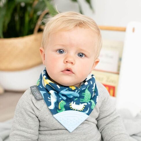 مريلة التسنين Cheeky Chompers Neckerchew (Baby Dino)، مريلة 2 في 1 على شكل باندانا مع عضاضة من السيليكون الآمن غذائيًا، للأطفال والرضع، تصميم مبتكر على شكل غمازات يهدئ اللثة، مريلة ماصة مكونة من 3 طبقات in Kuwait