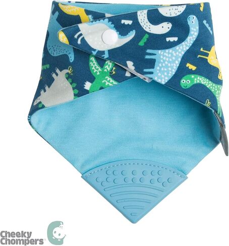 مريلة التسنين Cheeky Chompers Neckerchew (Baby Dino)، مريلة 2 في 1 على شكل باندانا مع عضاضة من السيليكون الآمن غذائيًا، للأطفال والرضع، تصميم مبتكر على شكل غمازات يهدئ اللثة، مريلة ماصة مكونة من 3 طبقات in Kuwait