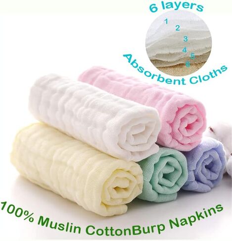Olivok Muslin Baby Burp Cloths, Pack of 5, 100% Muslin Cotton Burp Napkins, Absorbent and Soft Muslin Feeding Rags for Girls and Boys, 6 Layers Soft Infant Muslin Burp Wipes (Multicolored). in Saudi Arabia
