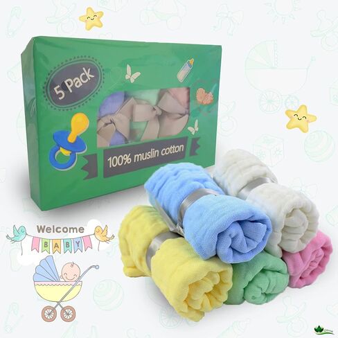 Olivok Muslin Baby Burp Cloths, Pack of 5, 100% Muslin Cotton Burp Napkins, Absorbent and Soft Muslin Feeding Rags for Girls and Boys, 6 Layers Soft Infant Muslin Burp Wipes (Multicolored). in Saudi Arabia