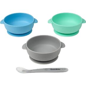 Upward Baby Bowls with Suction - 4 Piece Silicone Set with Spoon for Babies Kids Toddlers - BPA Free Baby Led Weaning Food Plates - First Stage Self Feeding Utensils
