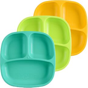 Re-Play Made in USA 7" Deep Walled Divided Plates for Kids, Set of 3 With 3 Lids - Reusable 3 Compartment Plates, Dishwasher and Microwave Safe - 7.37" x 7.37" x 1.25", A True Blue