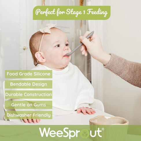 WeeSprout Silicone Baby Spoons - First Stage Infant Feeding Utensils With Soft-Tip, Bendable Kitchenware for Parent & Self-Feeding, Ultra-Durable, Dishwasher Safe, Travel Case, Set of 3 in Saudi Arabia