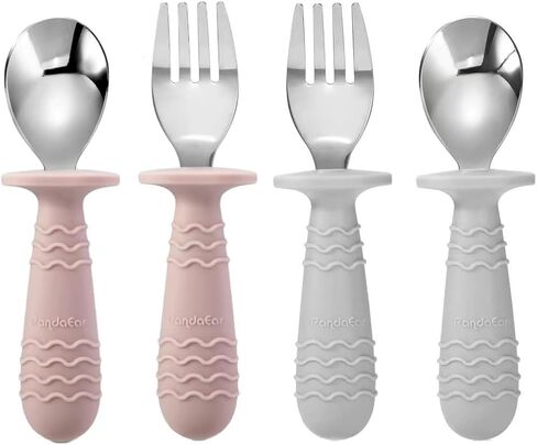 PandaEar 4 Set Baby Toddler Silicone Stainless Steel Utensils Silverware Spoon Fork for Baby Toddler BPA Free with Silicone Holding Anti-Choke Design in Saudi Arabia