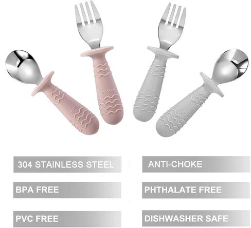 PandaEar 4 Set Baby Toddler Silicone Stainless Steel Utensils Silverware Spoon Fork for Baby Toddler BPA Free with Silicone Holding Anti-Choke Design in Saudi Arabia