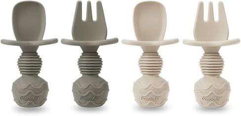 PandaEar Silicone Baby Feeding Set| 2 Pack Silicone Divided Suction Plate and 2 Pack Tiny Cup with 2 Spoons 2 Forks| Baby Led Weaning Supplies Self Feeding Eating Utensils (Blue/Green) in Kuwait