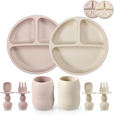 PandaEar Silicone Baby Feeding Set| 2 Pack Silicone Divided Suction Plate and 2 Pack Tiny Cup with 2 Spoons 2 Forks| Baby Led Weaning Supplies Self Feeding Eating Utensils (Blue/Green) in Kuwait