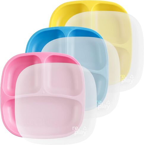 Re-Play Divided Toddler Plates Set of 3 - Deep-Walled 3 Compartment Kids Plates for Picky Eaters - Dishwasher & Microwave Safe - BPA-Free - Made in USA, Princess in Saudi Arabia