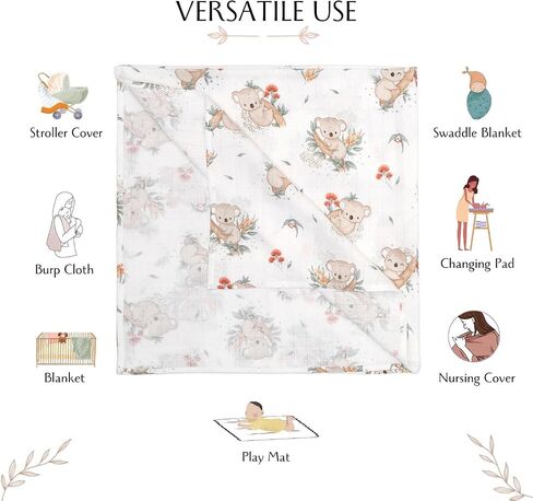 2 Pack Nursing Pillow Covers and 39 Inches x 39 Inches Muslin Swaddle Blanket with Burp Cloths %100 Cotton Slipcovers for Breastfeeding Pillows for Baby Girl & Boy |Fits Boppy Pillow | Koala | Animal in Saudi Arabia