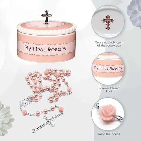 Baptism Gifts for Girl - My First Rosary with Keepsake Box, First Communion Gifts for Girls, Baptisms Gifts for Boys or Girls Christening. Pink Rosary, Ceramic Box and Gift Packaging in Saudi Arabia