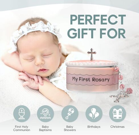 Baptism Gifts for Girl - My First Rosary with Keepsake Box, First Communion Gifts for Girls, Baptisms Gifts for Boys or Girls Christening. Pink Rosary, Ceramic Box and Gift Packaging in Saudi Arabia