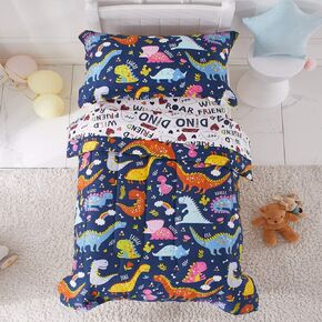 Joyreap 4 Piece Toddler Bedding Set, Dinosaur Theme Printed on White, Standard Size Includes Quilted Comforter, Fitted Sheet, Top Sheet, and Pillow Case for Boys n Girls