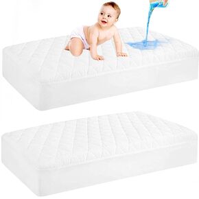 GRT 2 Pack واقي مرتبة سرير أطفال مقاوم للماء، غطاء مرتبة أطفال مبطن مزود بجيب عميق من 4 بوصات حتى 9 بوصات، وسادة مرتبة فائقة النعومة ومسامية وبدون ضوضاء مقاس 52 بوصة × 28 بوصة، أبيض in Kuwait
