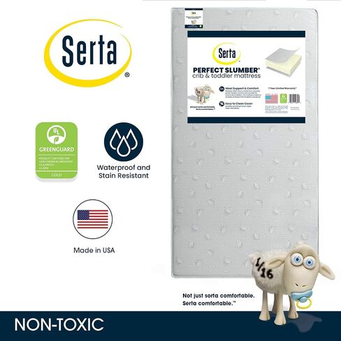 Serta Perfect Slumber Dual Sided Crib and Toddler Mattress - Waterproof - Hypoallergenic - Premium Sustainably Sourced Fiber Core -GREENGUARD Gold Certified (Non-Toxic) -7 Year Warranty - Made in USA in Saudi Arabia