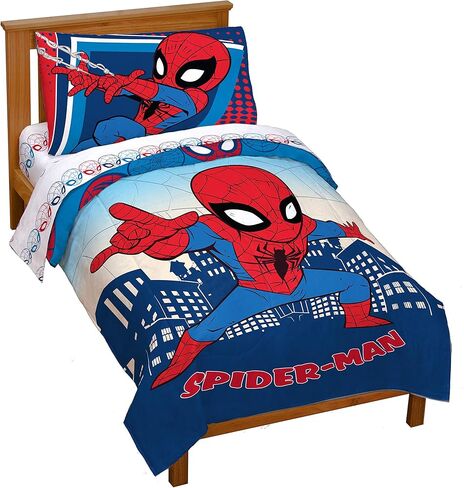 طقم سرير للأطفال الصغار مكون من 4 قطع من Jay Franco Marvel Super Hero Adventures Go Spidey - طقم سرير من الألياف الدقيقة فائقة النعومة يتضمن لحافًا للأطفال الصغار ومجموعة ملاءات - يتميز الفراش بشخصية سبايدرمان in Kuwait