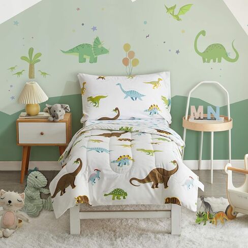 UOZZI BEDDING 4 Pieces Toddler Bedding Set Dinosaur white includes Comforter, Flat Sheet, Fitted Sheet and Pillowcase in Kuwait