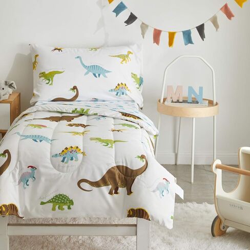UOZZI BEDDING 4 Pieces Toddler Bedding Set Dinosaur white includes Comforter, Flat Sheet, Fitted Sheet and Pillowcase in Kuwait