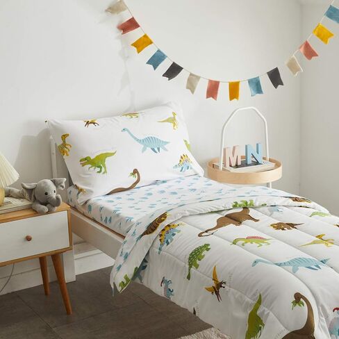 UOZZI BEDDING 4 Pieces Toddler Bedding Set Dinosaur white includes Comforter, Flat Sheet, Fitted Sheet and Pillowcase in Kuwait