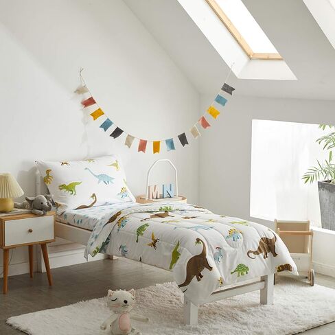 UOZZI BEDDING 4 Pieces Toddler Bedding Set Dinosaur white includes Comforter, Flat Sheet, Fitted Sheet and Pillowcase in Kuwait