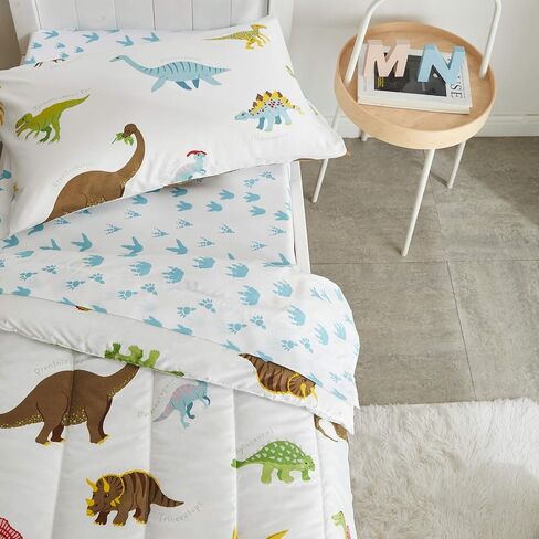 UOZZI BEDDING 4 Pieces Toddler Bedding Set Dinosaur white includes Comforter, Flat Sheet, Fitted Sheet and Pillowcase in Kuwait