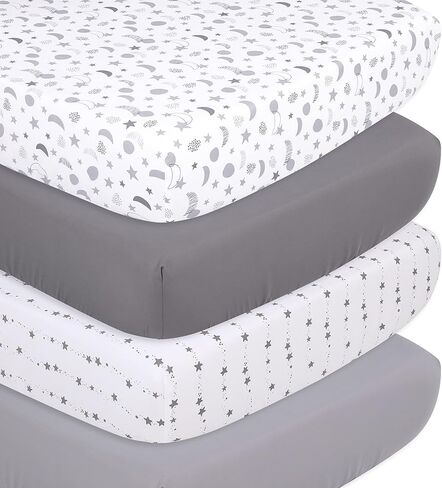 The Peanutshell Grey Moon & Stars Fitted Crib Sheet Set, Unisex 4 Pack Celestial Print, Grey & White in Saudi Arabia