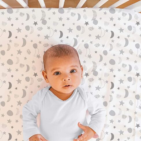 The Peanutshell Grey Moon & Stars Fitted Crib Sheet Set, Unisex 4 Pack Celestial Print, Grey & White in Saudi Arabia