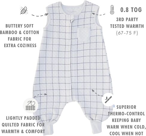 بدلة Tealbee DREAMSUIT: كيس نوم للأطفال الصغار بأقدام 2T 3T - 0.8 TOG بطانية خفيفة الوزن يمكن ارتداؤها للأطفال للمشاة - الخيزران، كيس نوم من القطن العضوي - مربعات in Kuwait